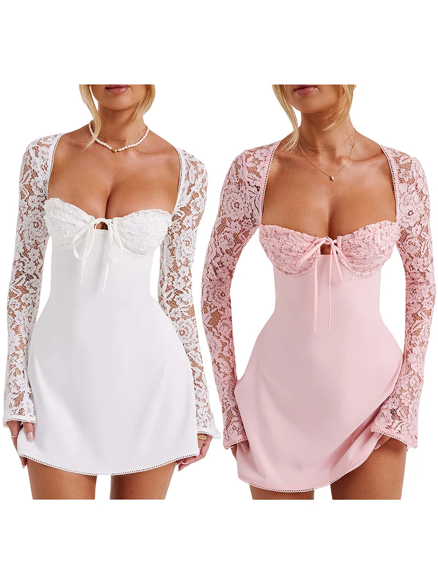 Elegant Pink Lace Long Sleeve Party Dress for Women - Image 8