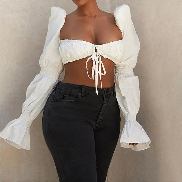 Casual Lantern Sleeve Tie-Up Boat Neck T-Shirt for Women - Image 6
