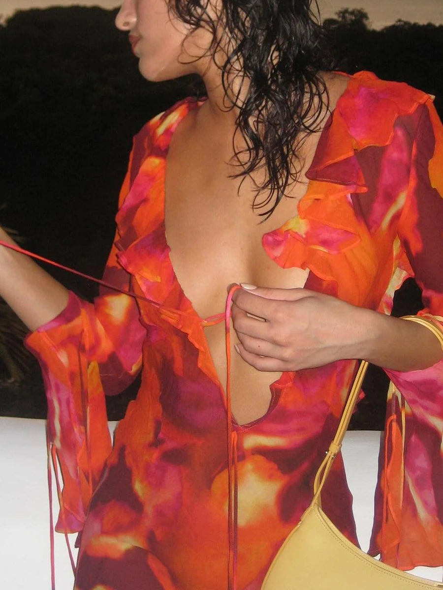 Women’s Deep V-Neck Bodycon Dress with Tie-Dye Print - Image 5