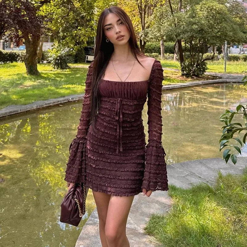 Retro Slim Fit Lace-Up Low-Cut Mini Dress - Image 6