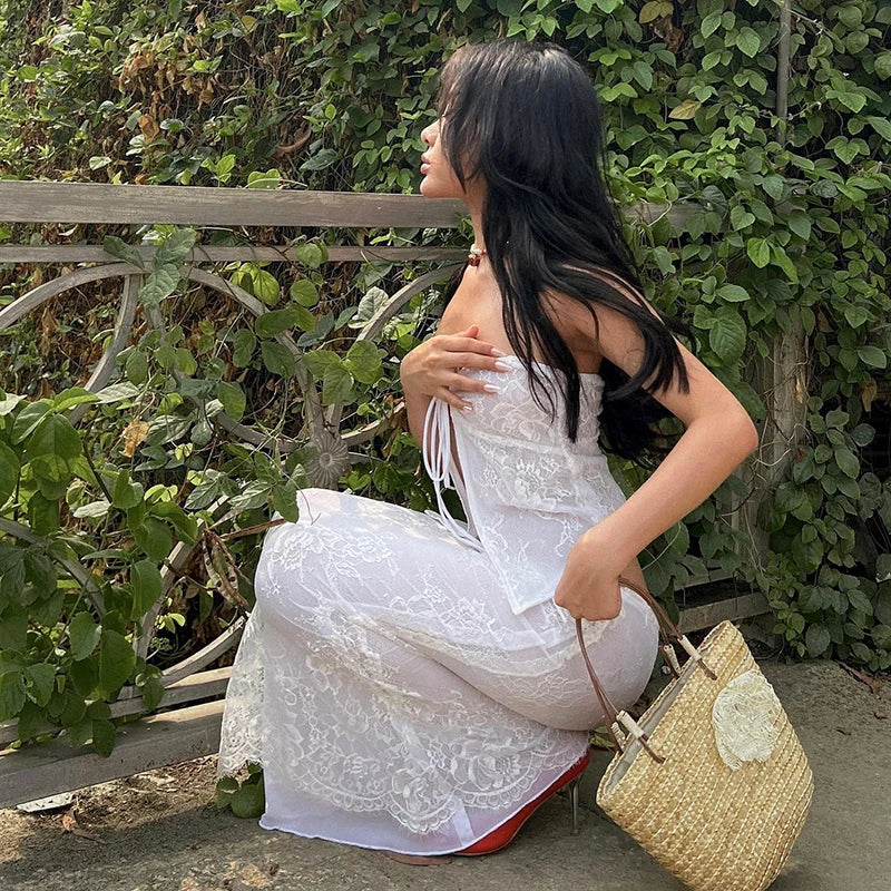 Vintage Floral Lace Strapless Crop Top & Skirt Set - Image 5