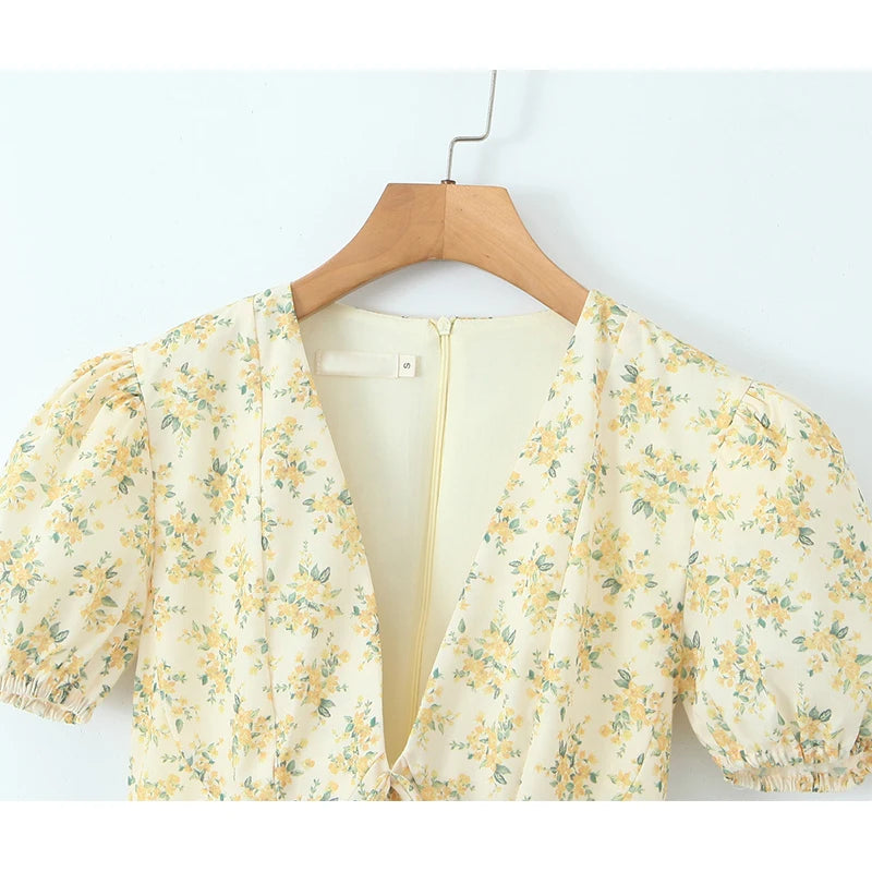 Vintage Floral Puff Sleeve V-Neck Mini Dress for Women - Image 5
