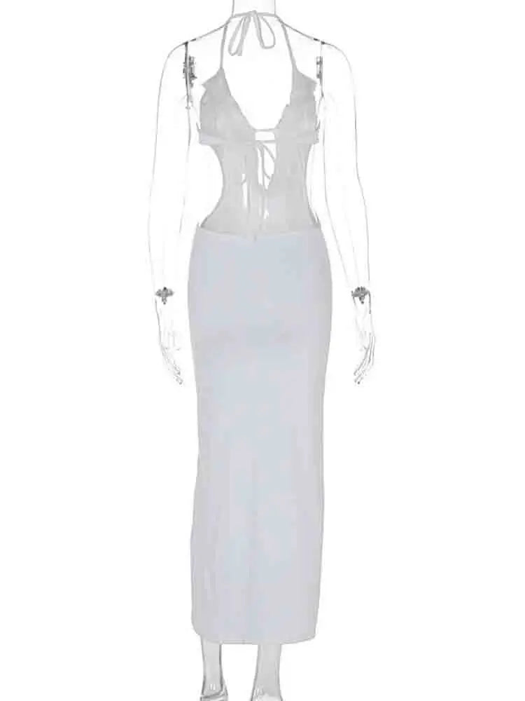 Elegant White Ruffle Backless Bodycon Maxi Dress for Women - Image 6