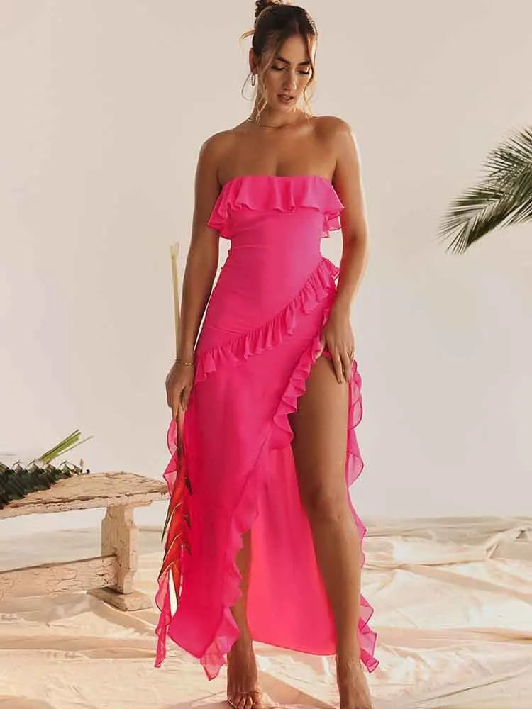 Elegant Strapless Ruffle Backless Maxi Dress for Summer