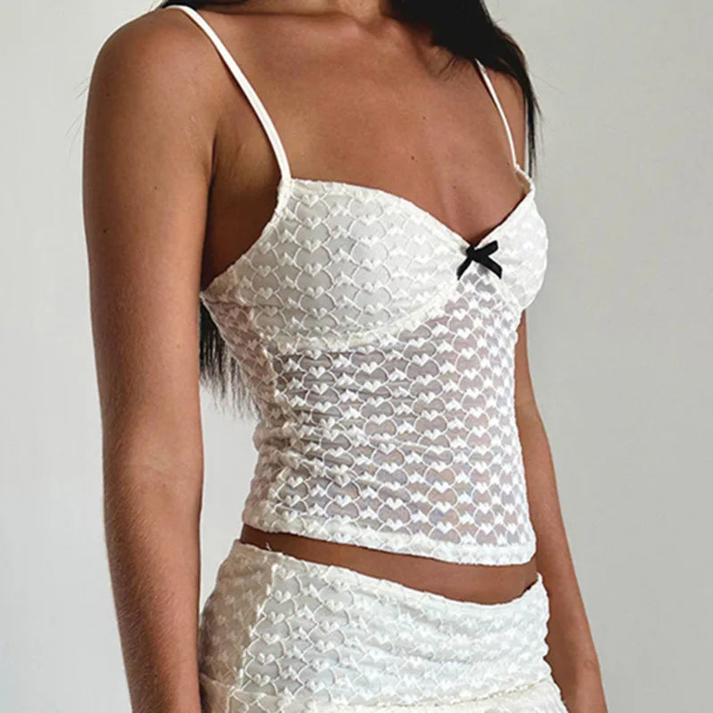 Heart Pattern Lace Sheer Ruffled Skirt and Bow Crop Top Set - Image 6