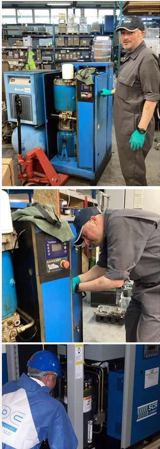 air compressor engineer working on three different air compressors in a workshop