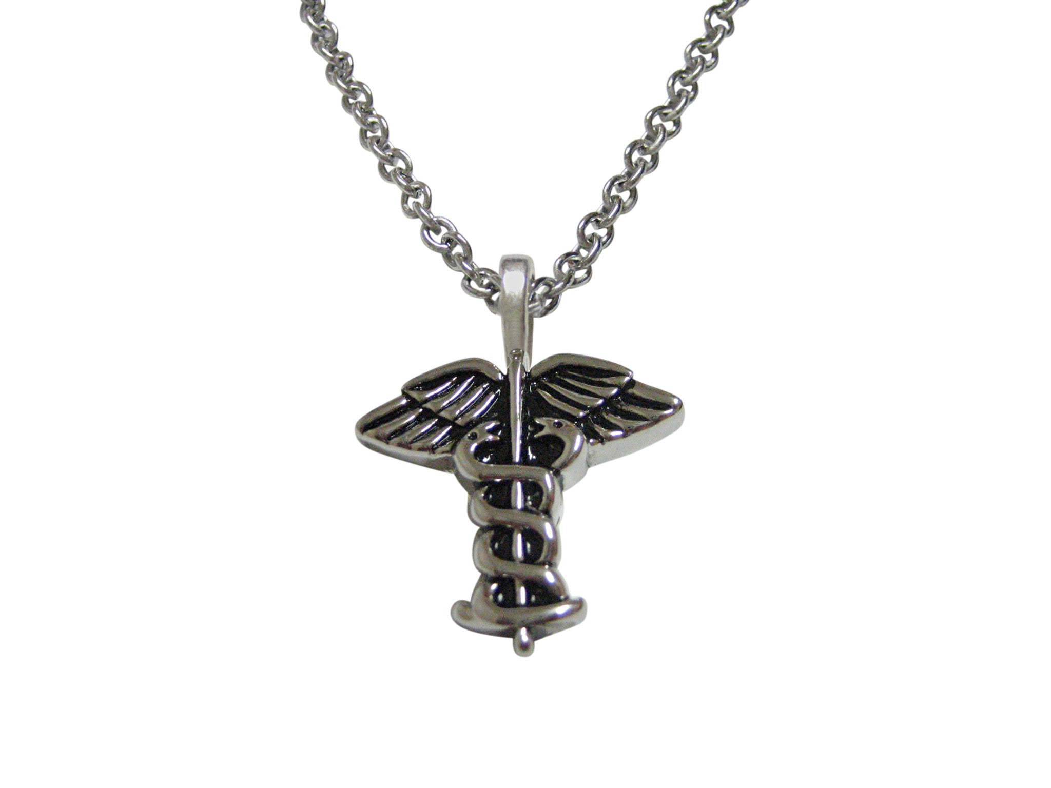Black and Silver Toned Caduceus Medical Symbol Pendant Necklace - Kiola ...