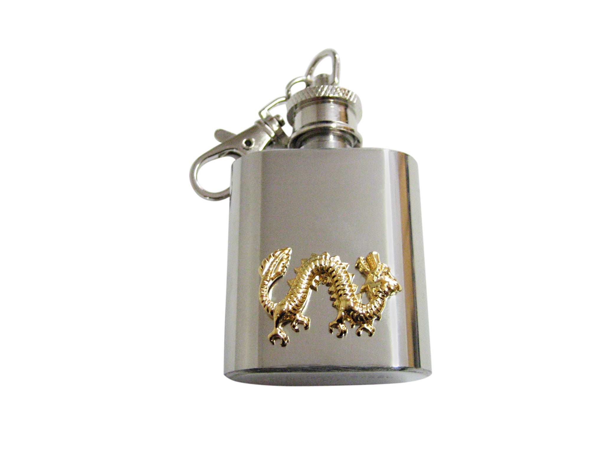 Gold Toned Full Length Dragon 1 Oz. Stainless Steel Key Chain Flask
