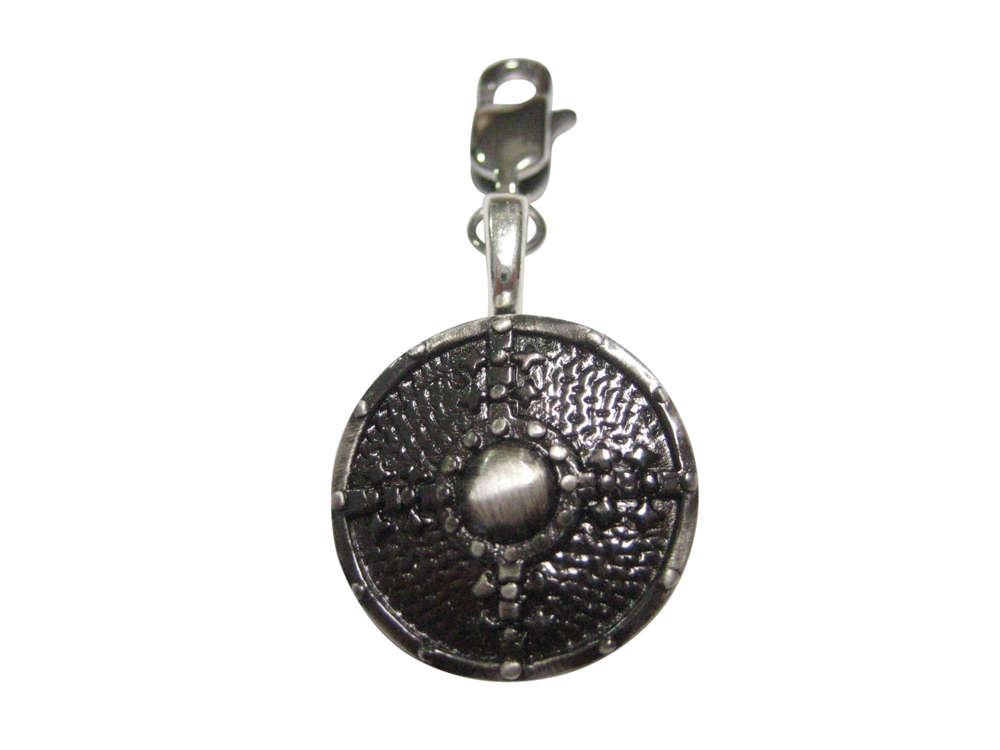 Gunmetal Toned Round Medieval Shield Pendant Zipper Pull Charm