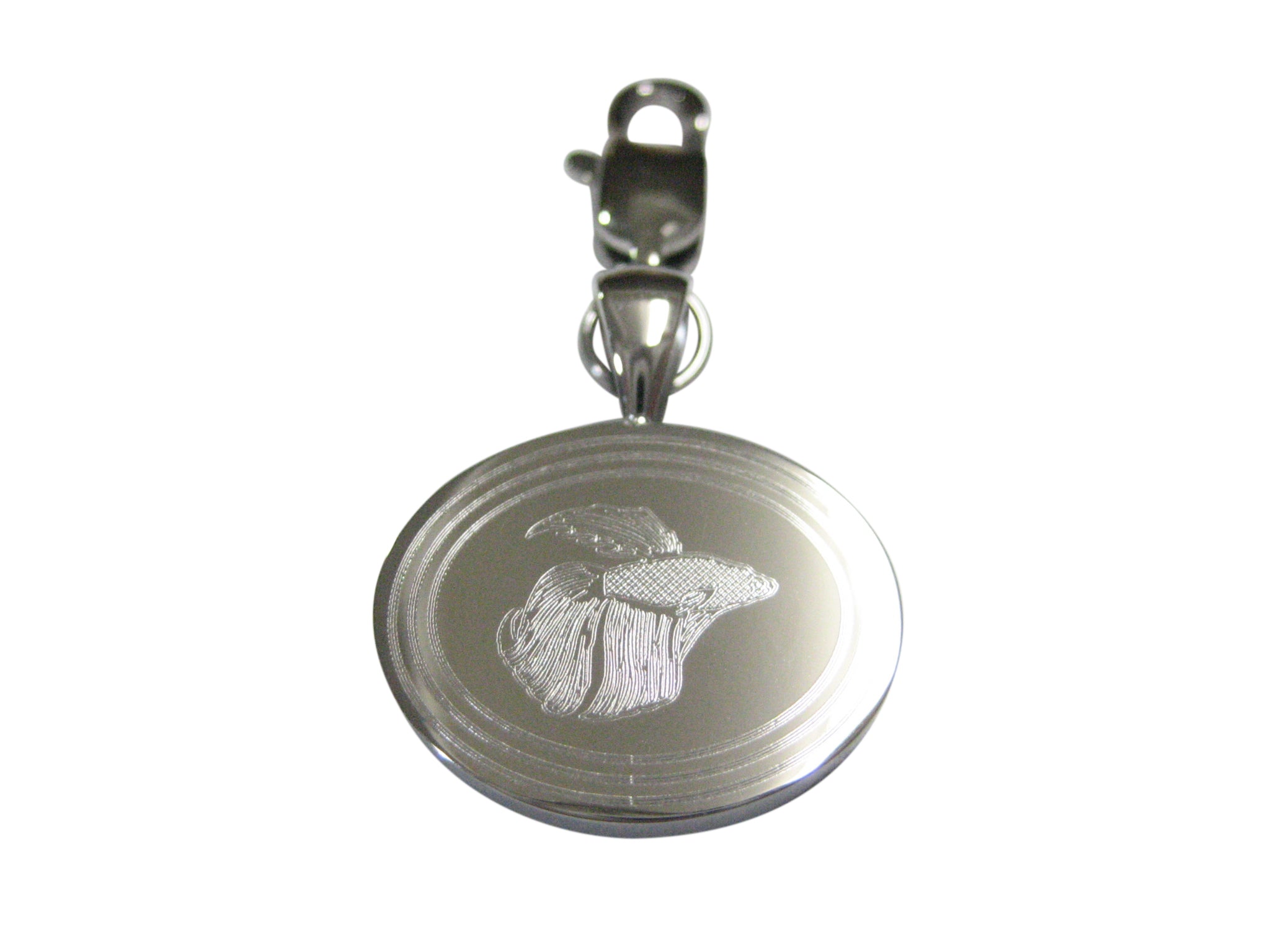 Silver Toned Etched Oval Betta Fish Pendant Zipper Pull Charm