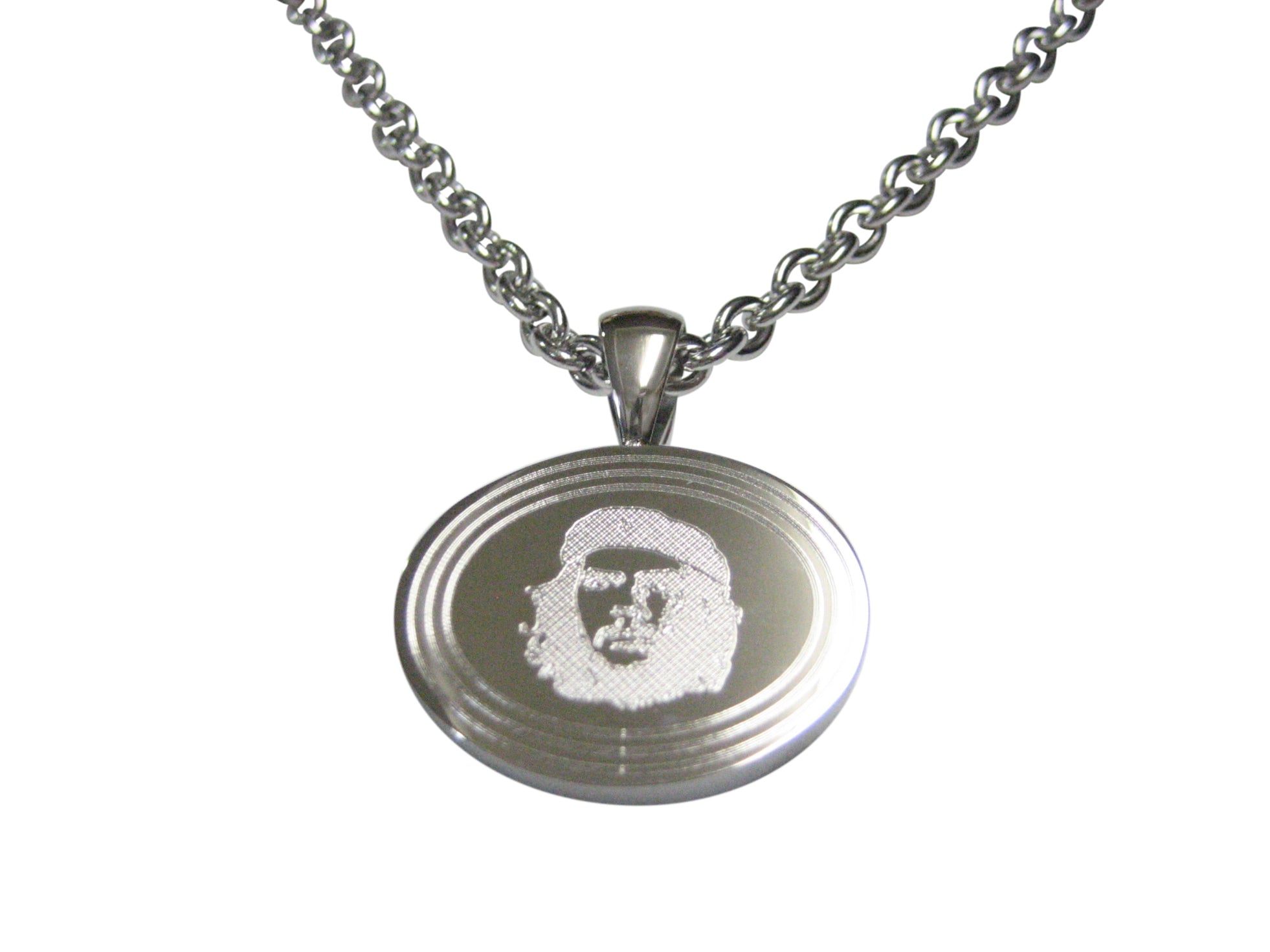 Silver Toned Etched Oval Che Guevara Pendant Necklace