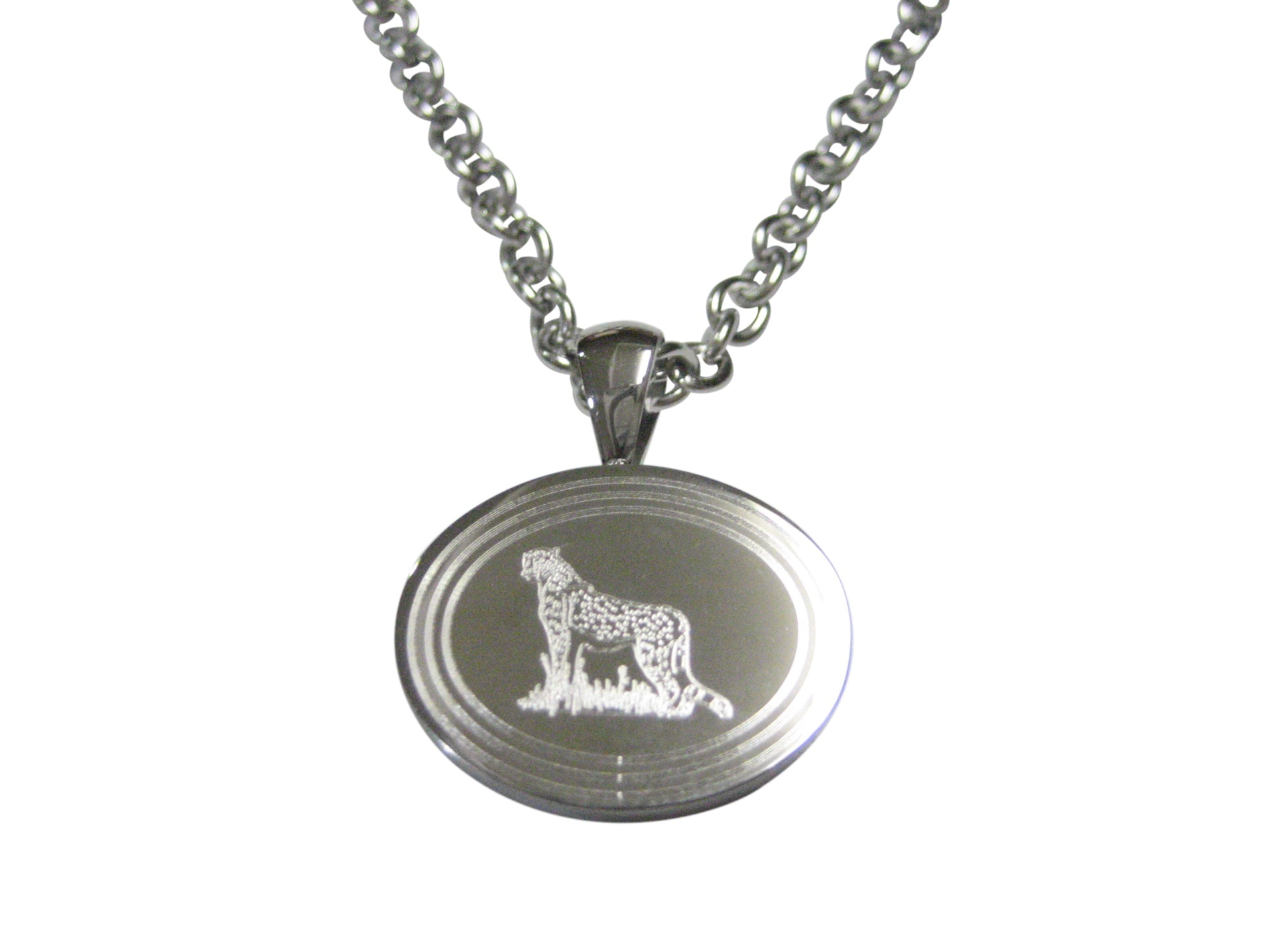 Silver Toned Etched Oval Cheetah Pendant Necklace