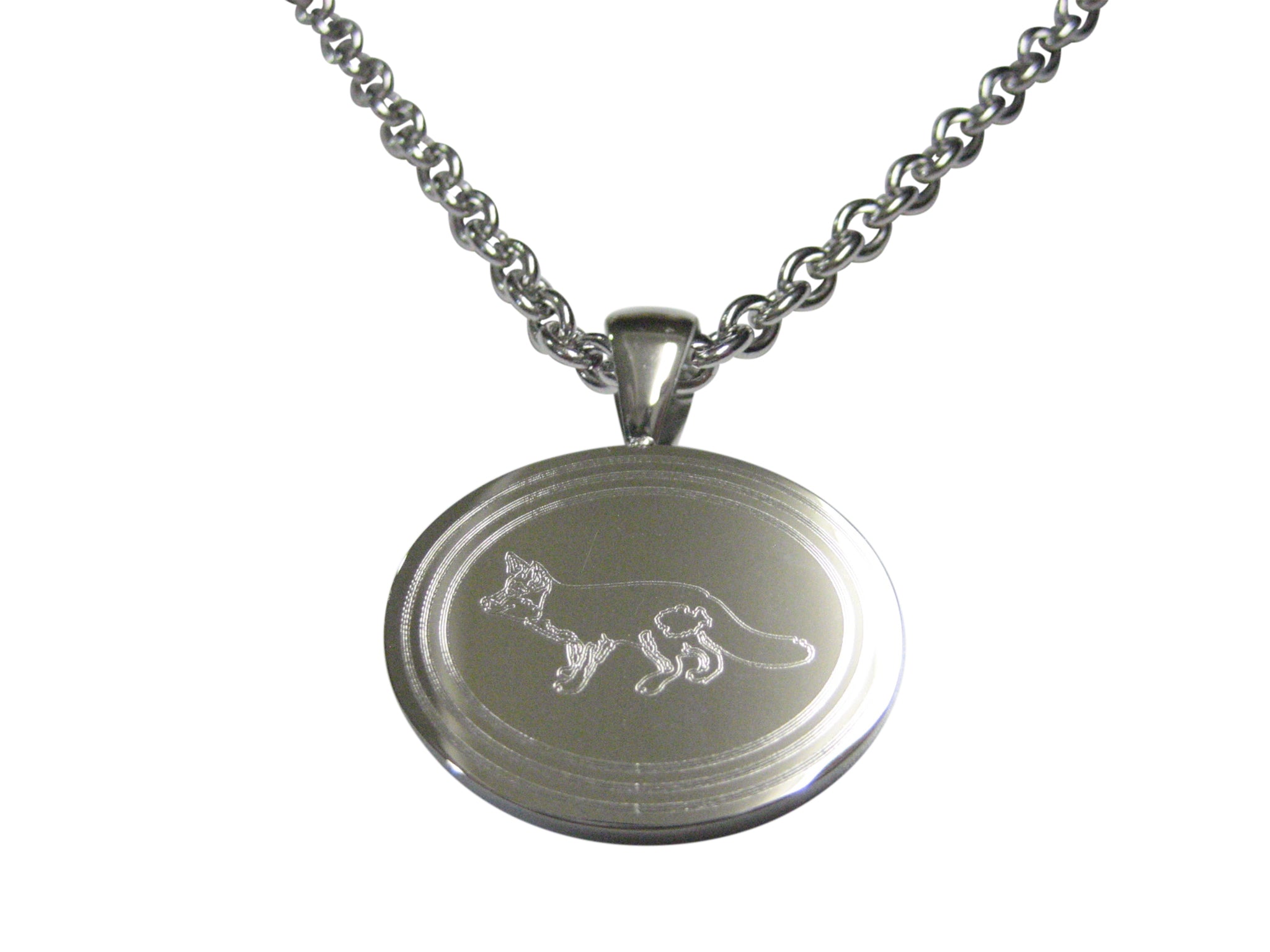 Silver Toned Etched Oval Fox Pendant Necklace