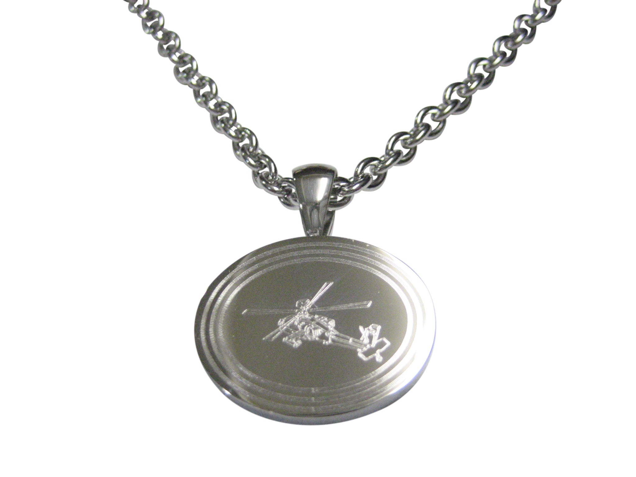 Silver Toned Etched Oval Helicopter Pendant Necklace