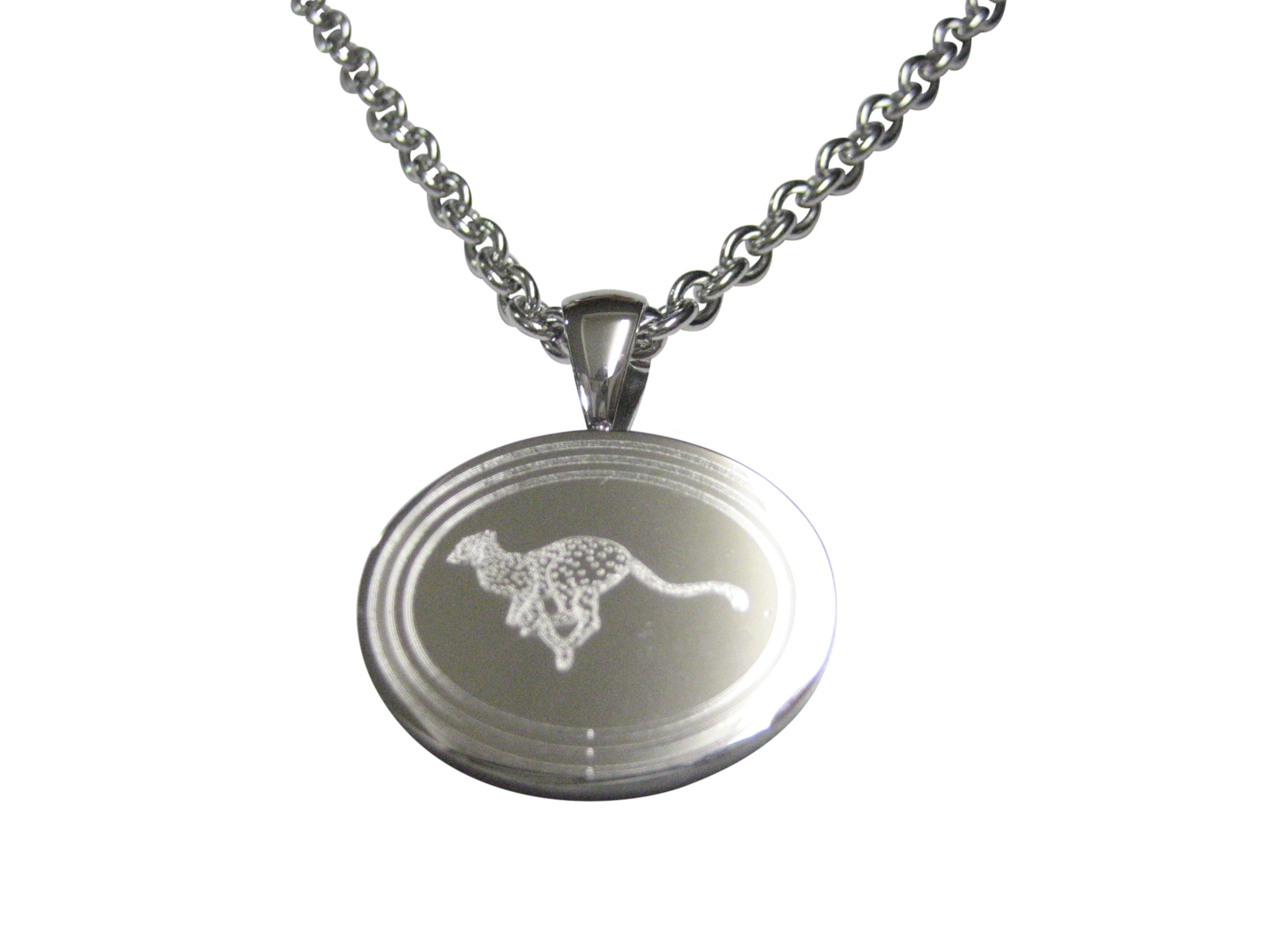 Silver Toned Etched Oval Leaping Cheetah Pendant Necklace