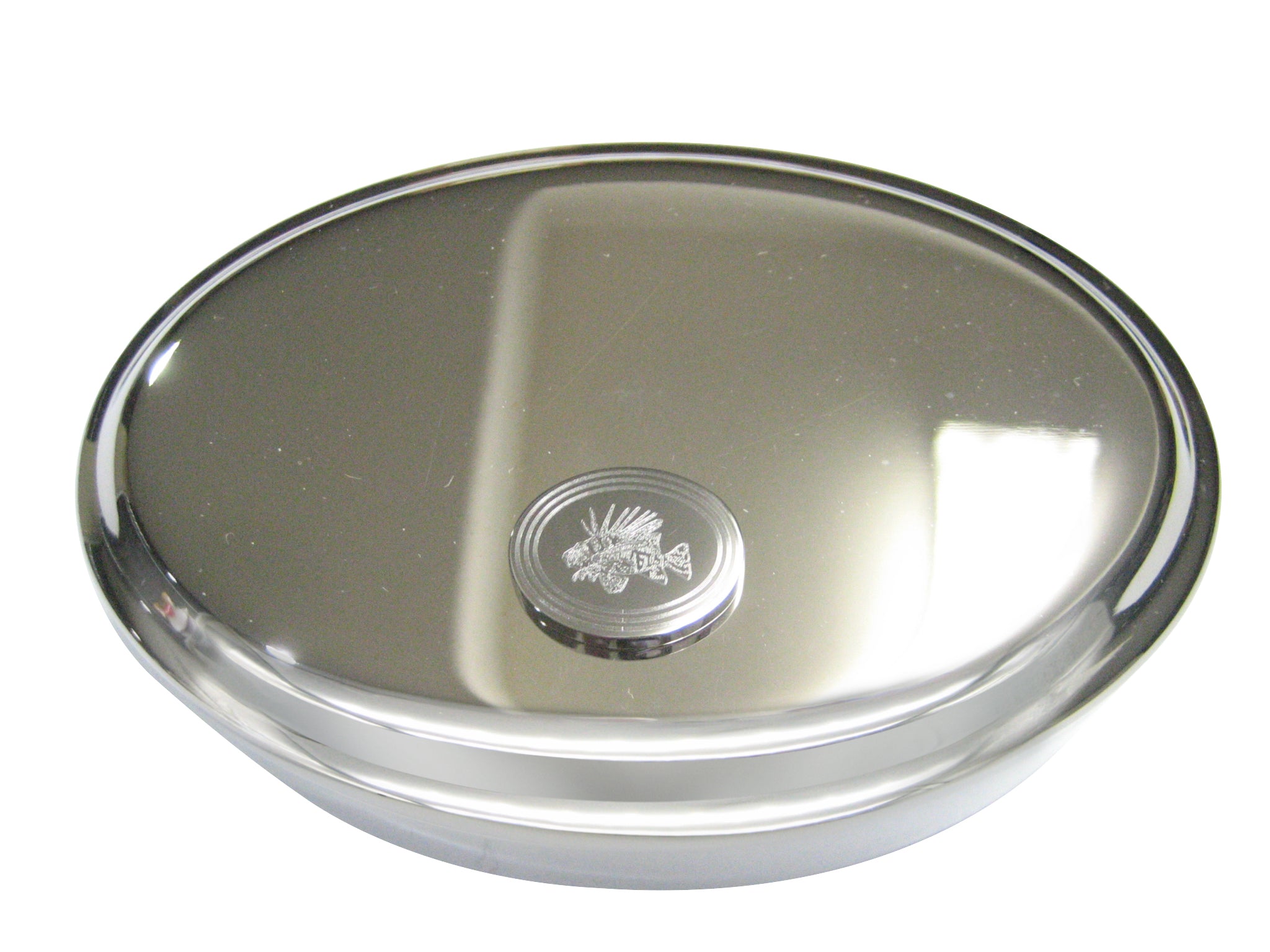 Silver Toned Etched Oval Lion Fish Oval Trinket Jewelry Box