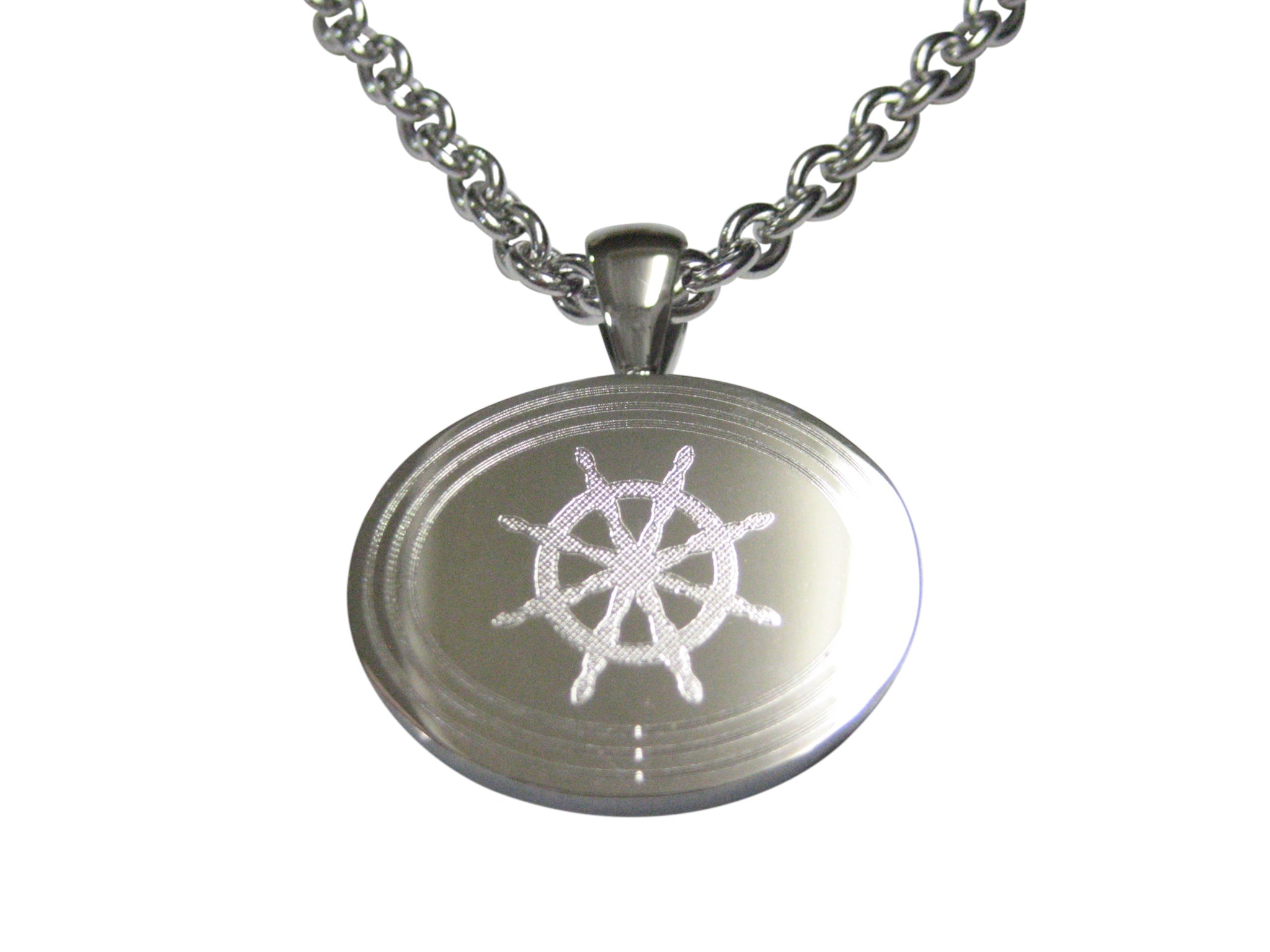 Silver Toned Etched Oval Nautical Helm Pendant Necklace