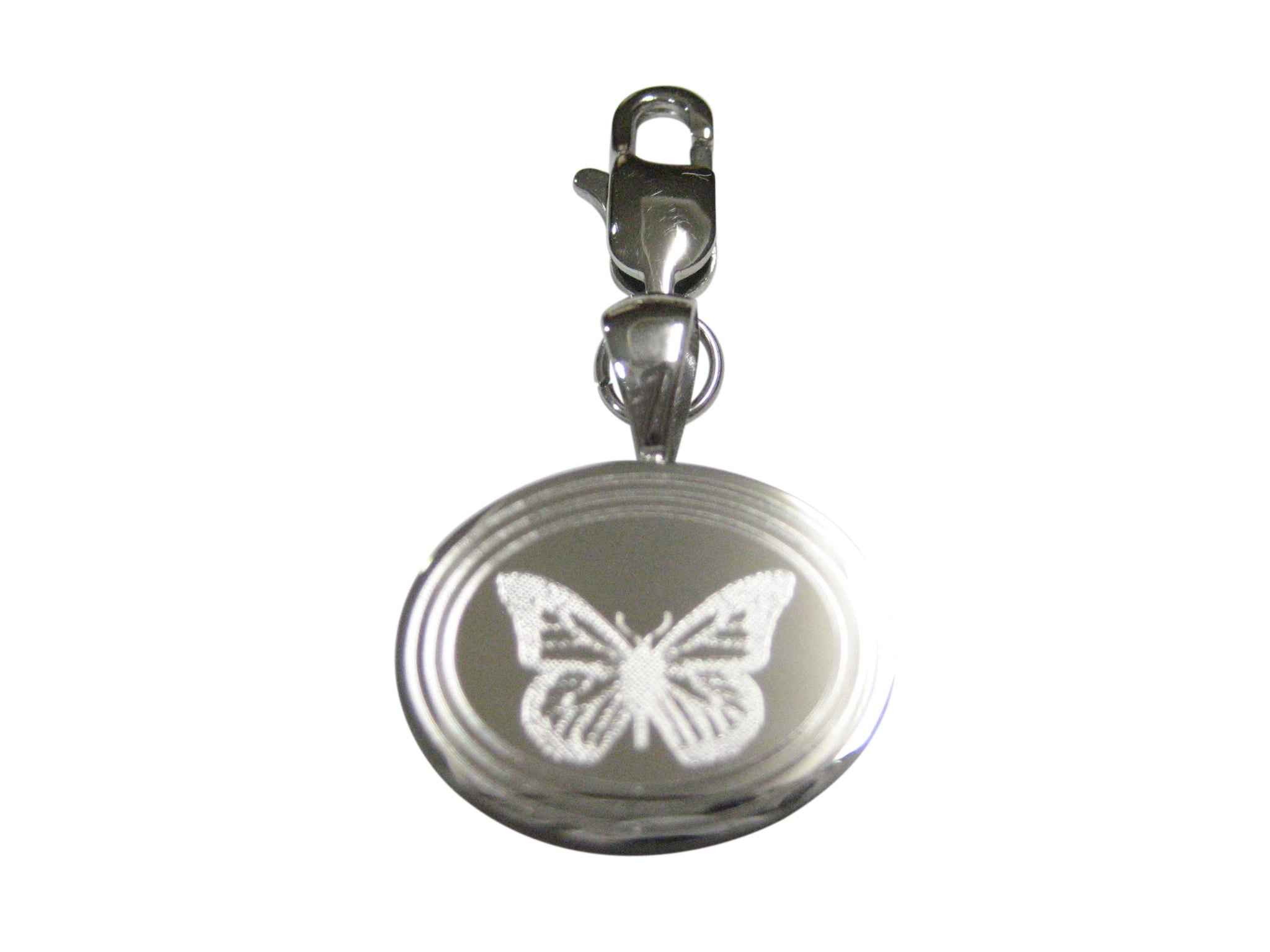 Silver Toned Etched Oval Simple Butterfly Bug Pendant Zipper Pull Charm