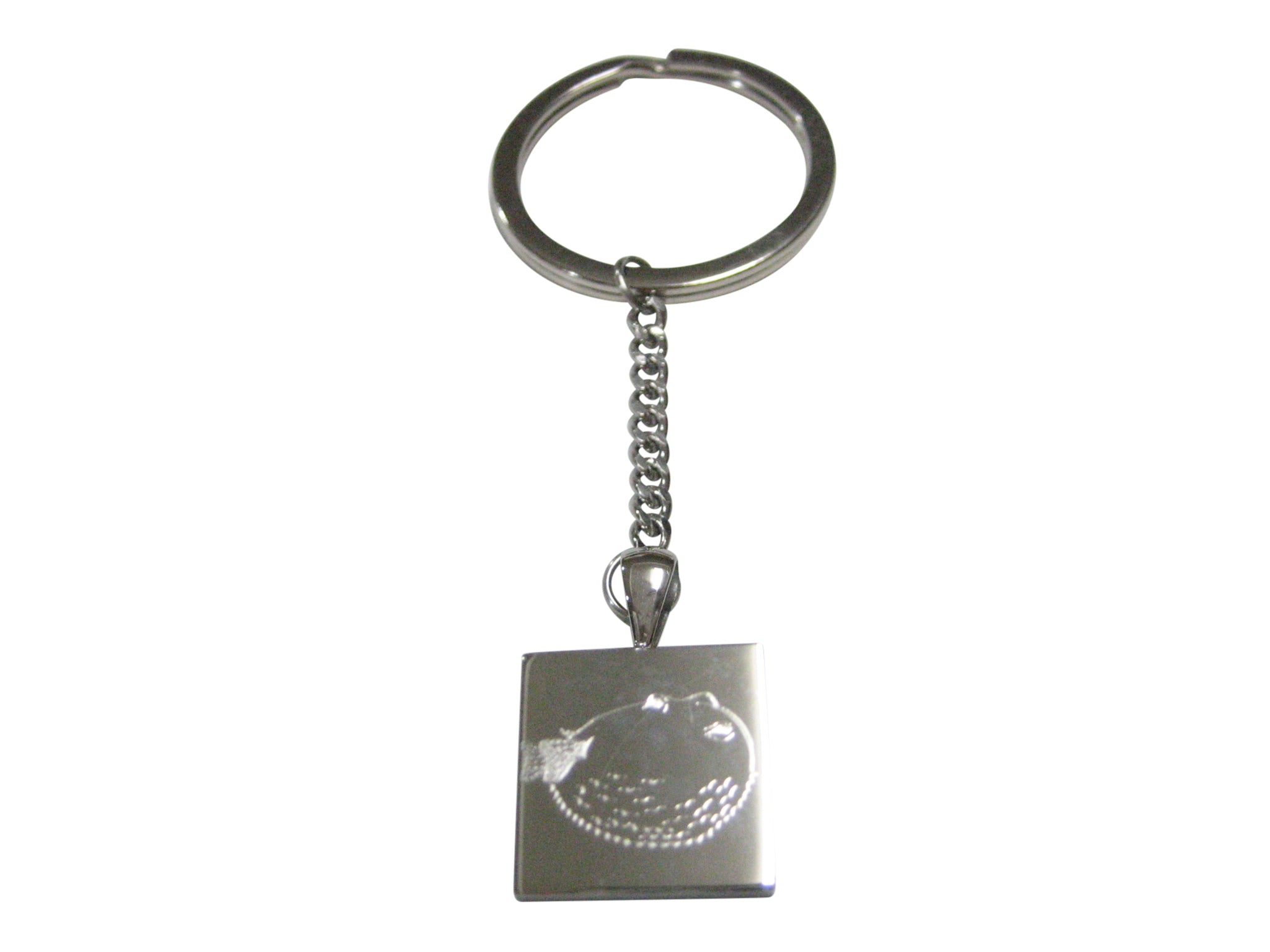 Silver Toned Square Etched Blowfish Fugu Puffer Fish Pendant Keychain