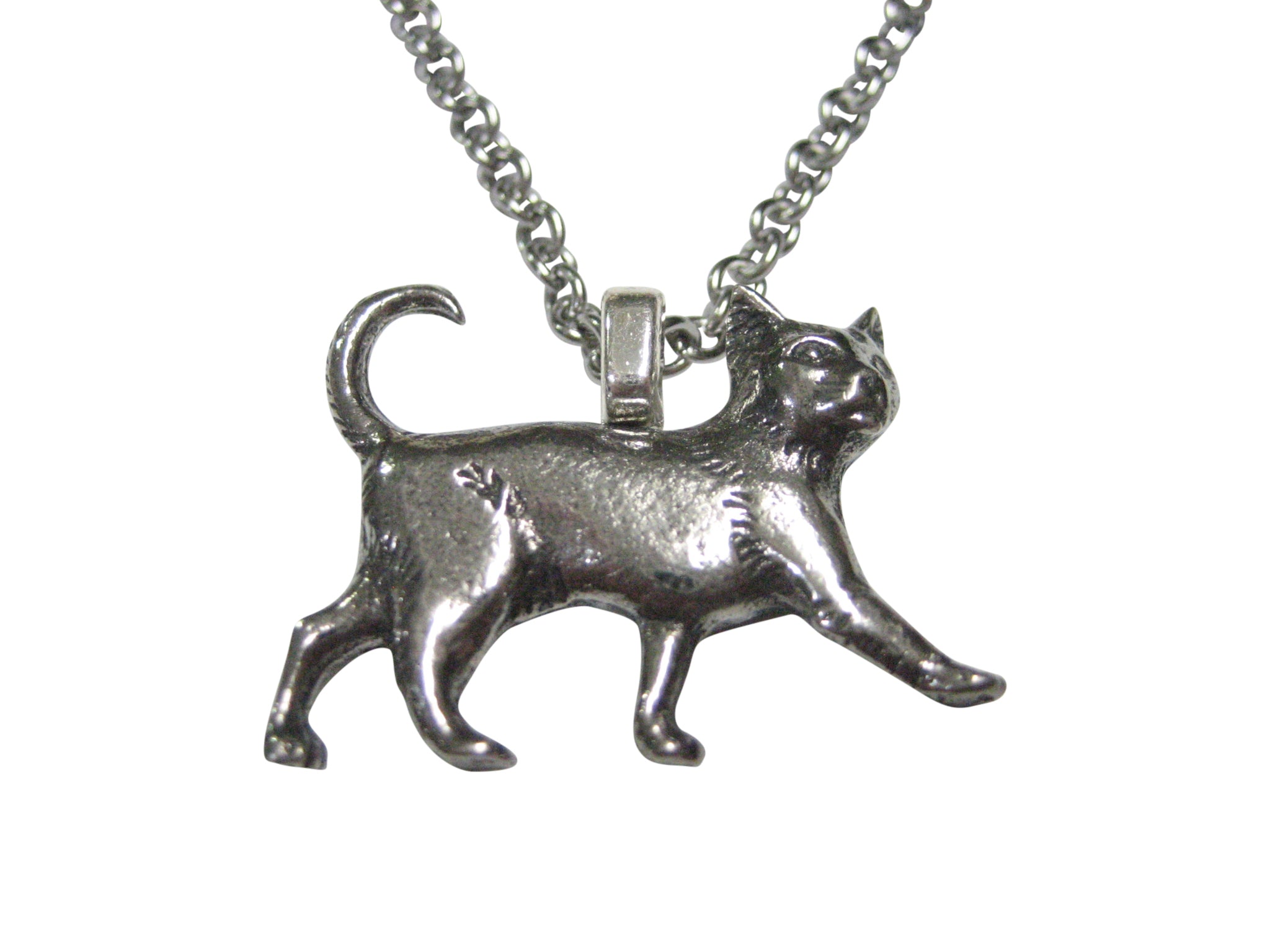 Silver Toned Textured Walking Cat Pendant Necklace