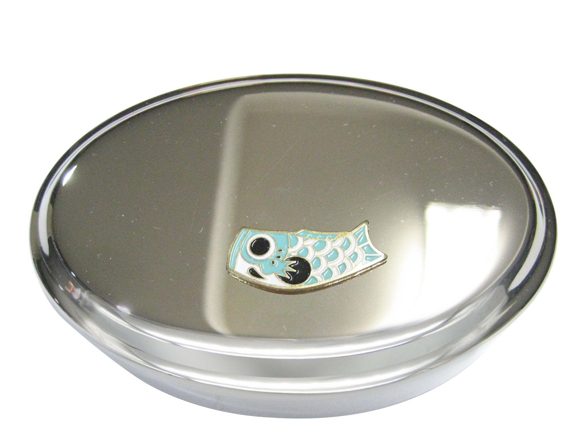 Teal Toned Festival Koi Flag Koinobori Oval Trinket Jewelry Box