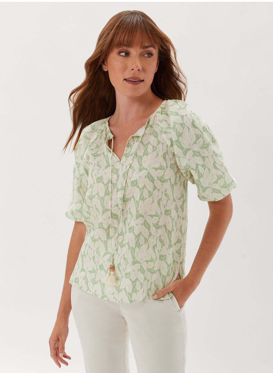 Image of Winslet Puff Sleeve Top With Tie - Verdant