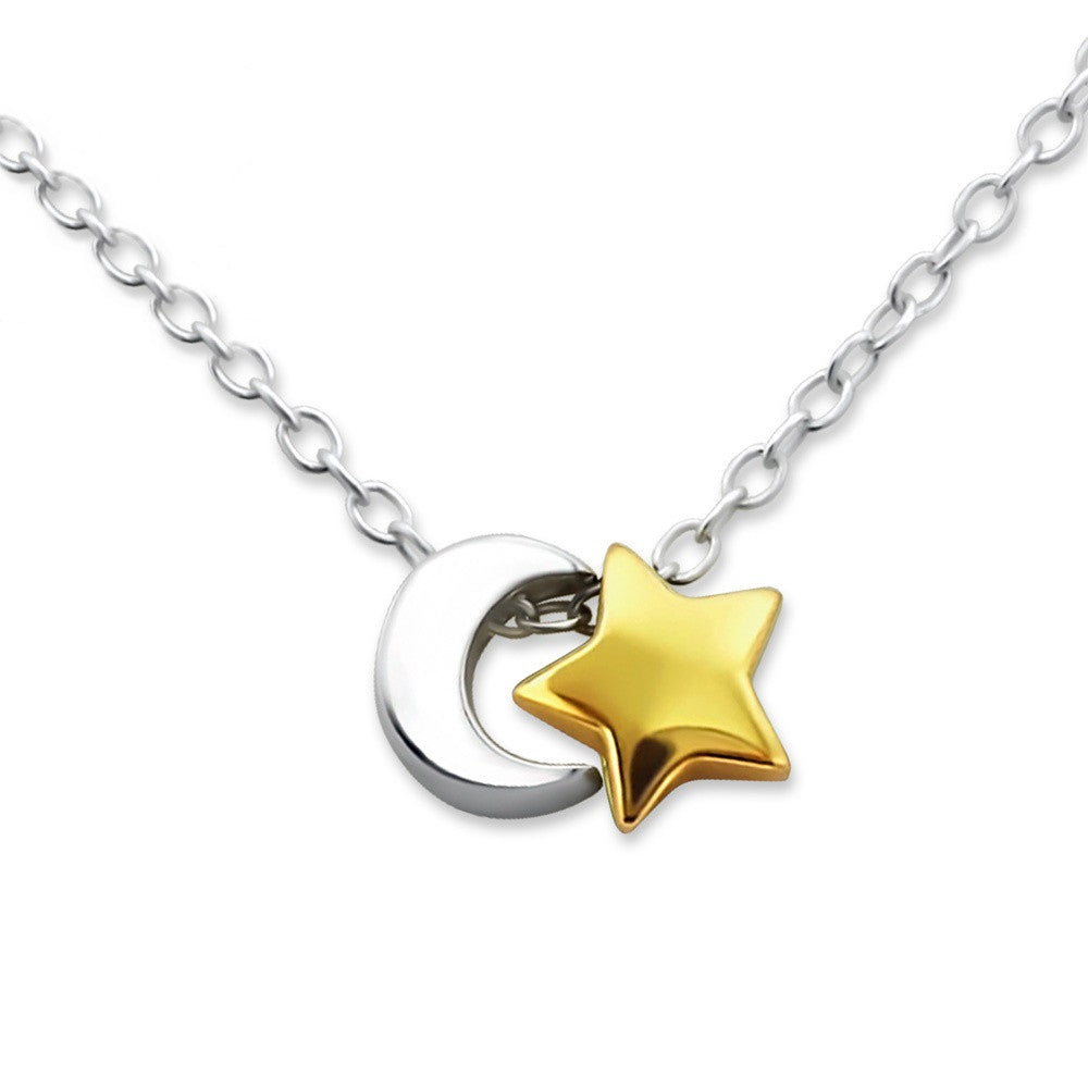 Silver Crescent Moon & Gold Star Necklace
