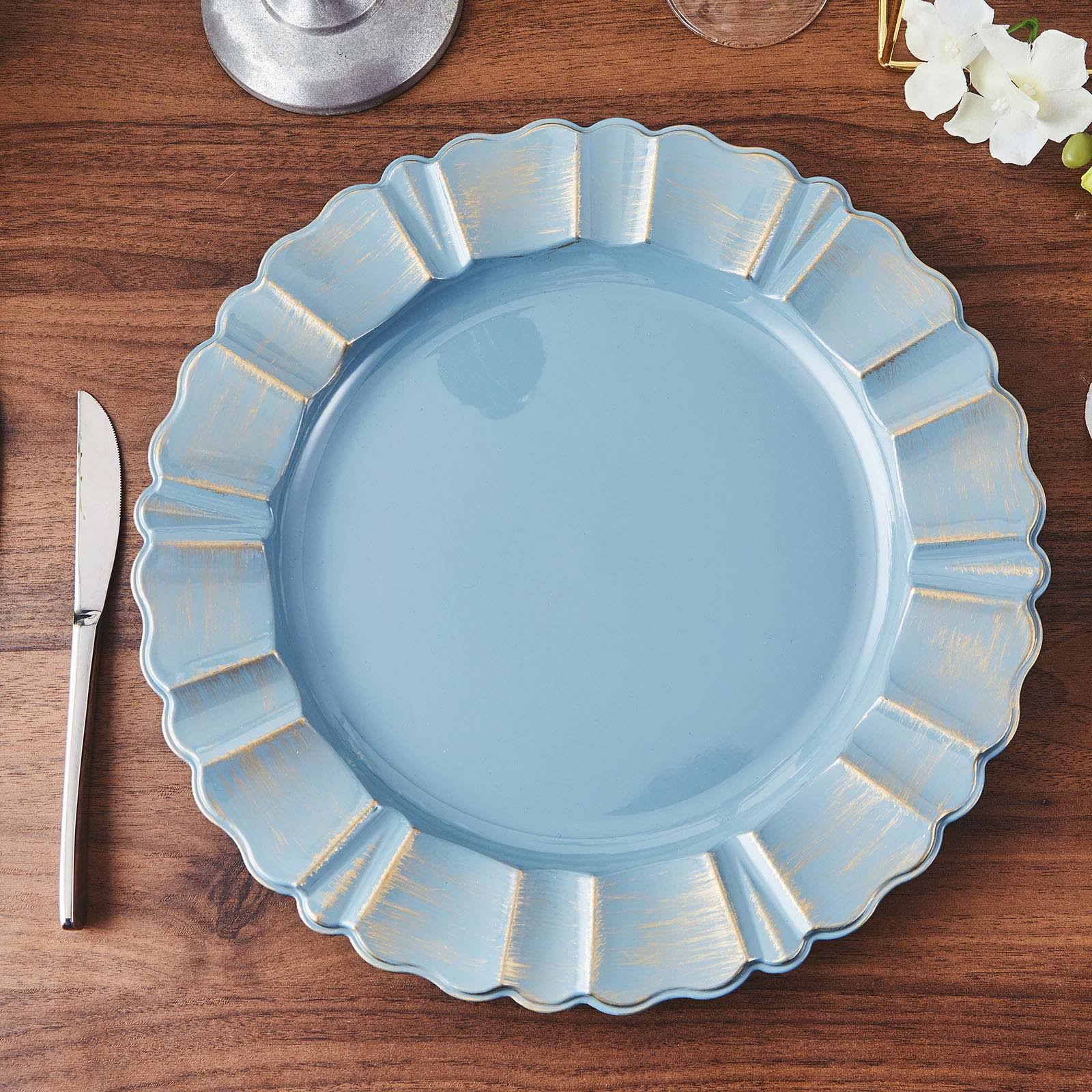 6 Pack 13 Round Dusty Blue Acrylic Plastic Charger Plates With Gold Brushed Wavy Scalloped Rim | By Tableclothsfactory MOO3_F8ZUY89