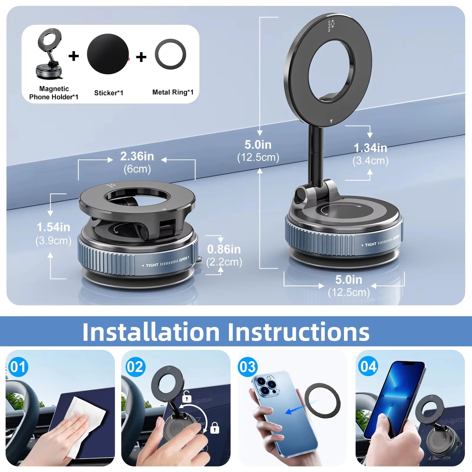 Supporto magnetico per telefono per auto – Supporto per telefono girevole a 360° con ventosa meccanica, potente chiusura magnetica, staffa di navigazione universale