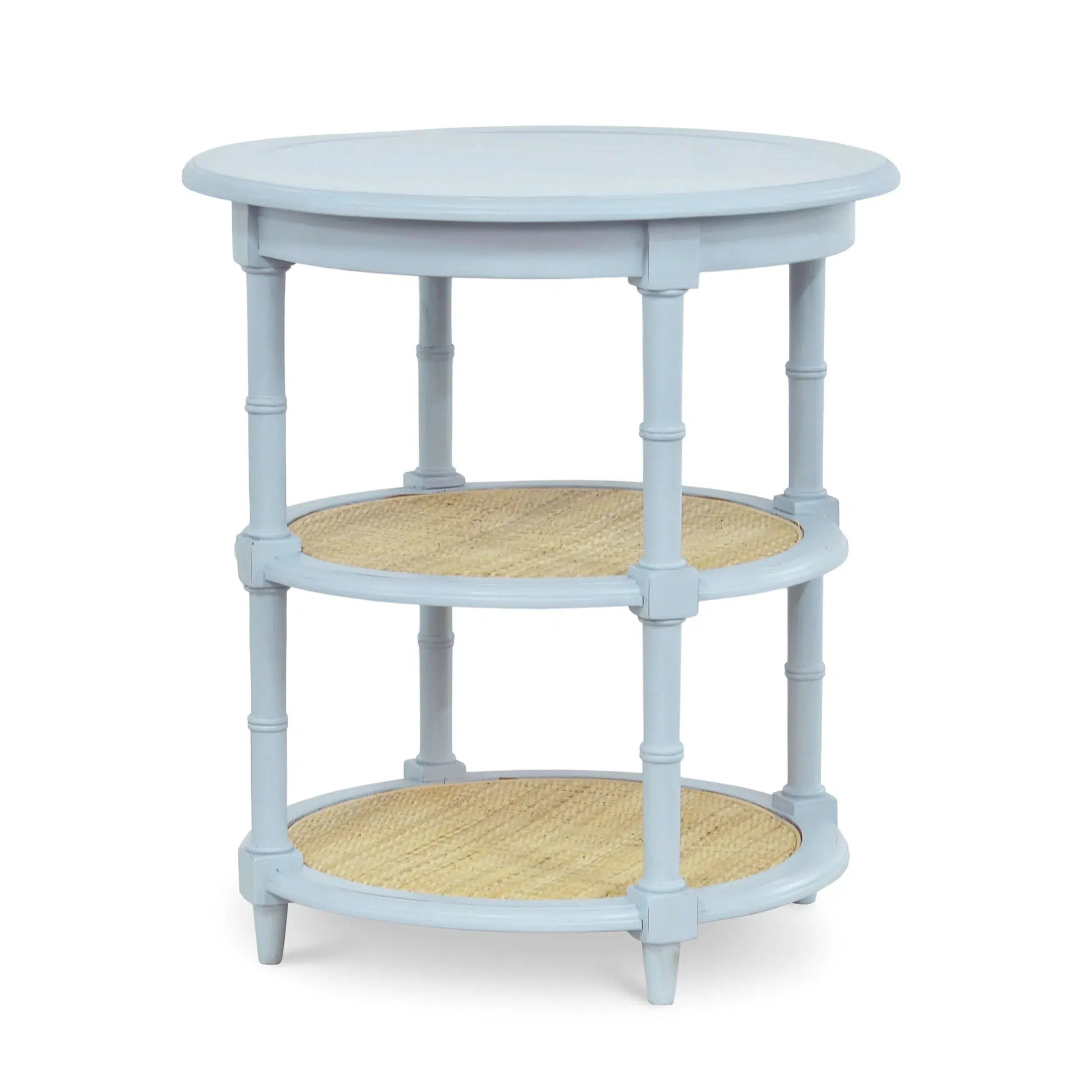 Ocean Blue Martinique Round Side Table with Natural Rattan Shelves