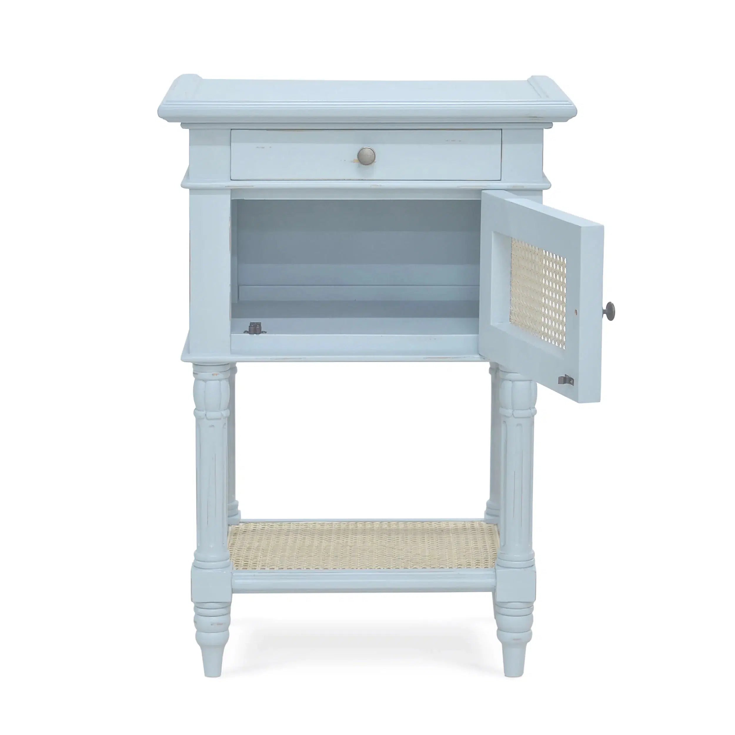 Ocean Blue Montego Square End Table with a Drawer and Natural Rattan Door
