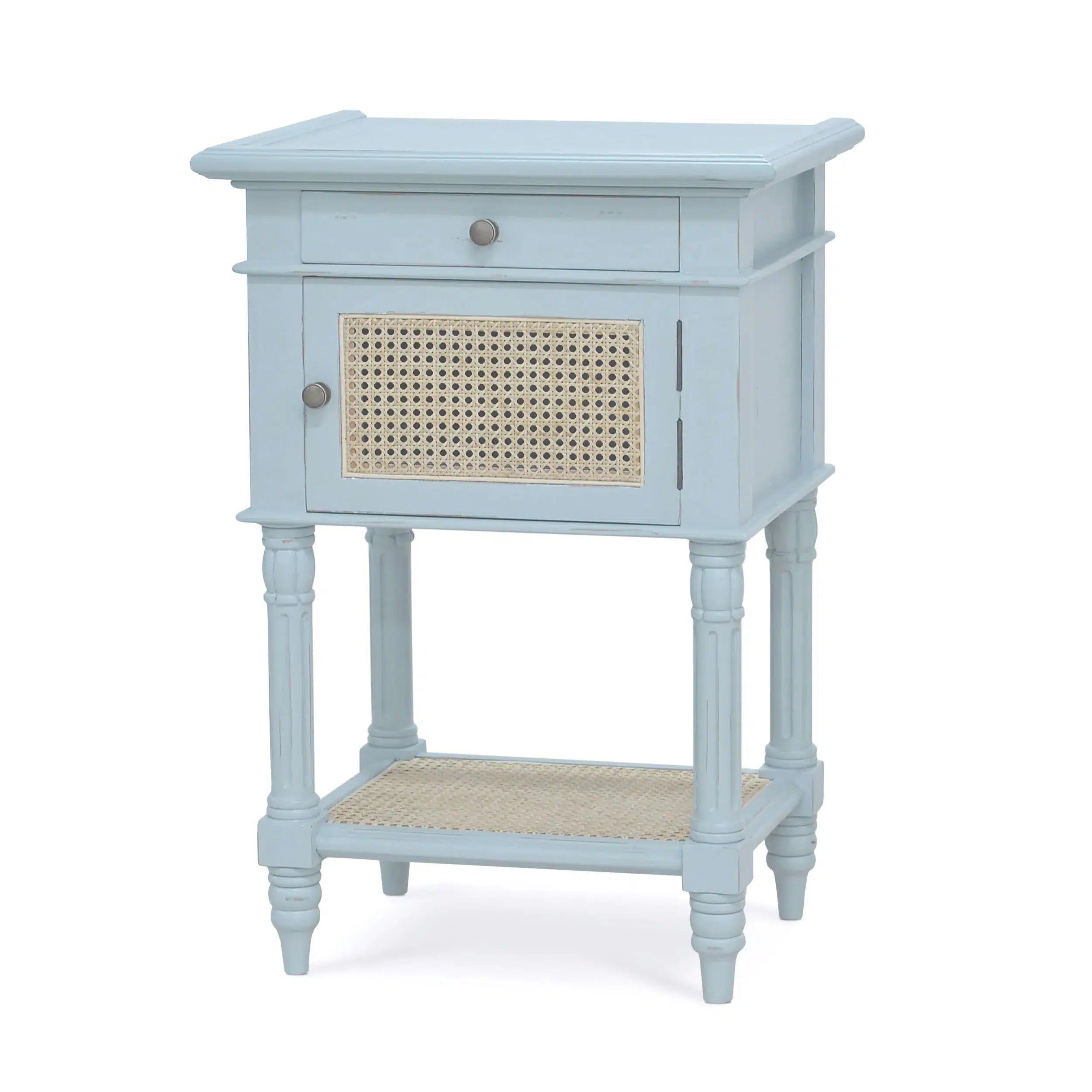 Ocean Blue Montego Square End Table with a Drawer and Natural Rattan Door