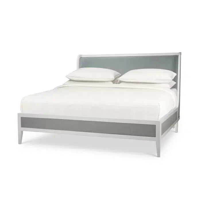 Mornington King Bed: Upholstered with True White Frame, Wrapped in Yuko Sky Performance Fabric and Pale Blue Linen