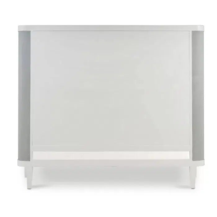 Mornington Queen Bed: Upholstered with True White Frame, Wrapped in Yuko Sky Performance Fabric and Pale Blue Linen