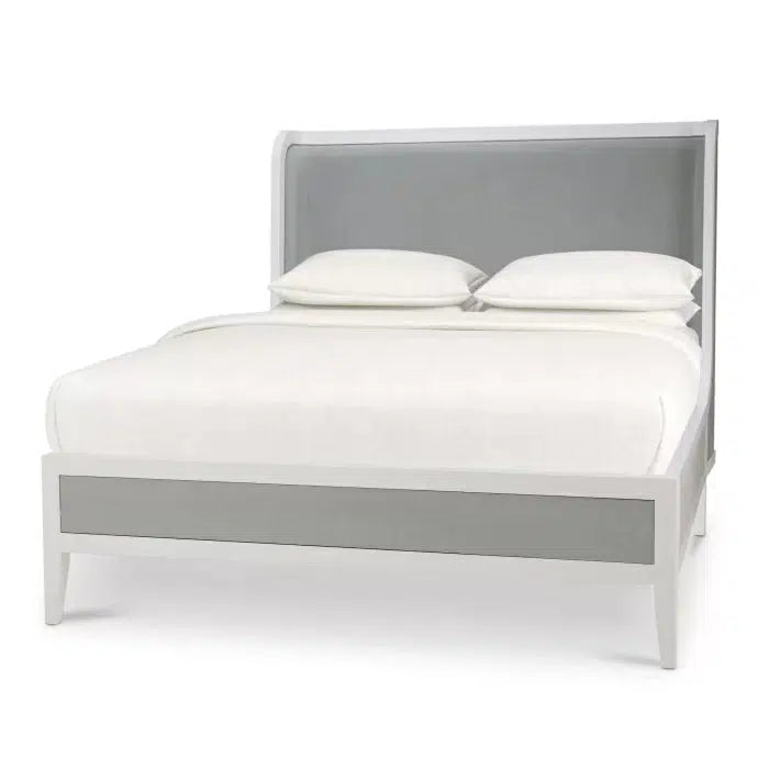Mornington Queen Bed: Upholstered with True White Frame, Wrapped in Yuko Sky Performance Fabric and Pale Blue Linen