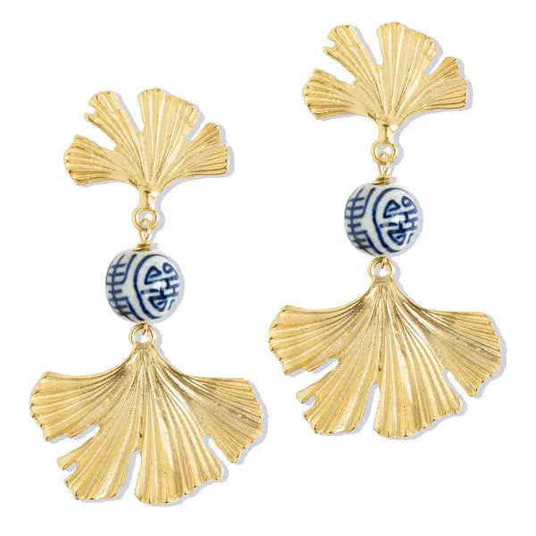 Earrings with Blue and White Ginkgo Design