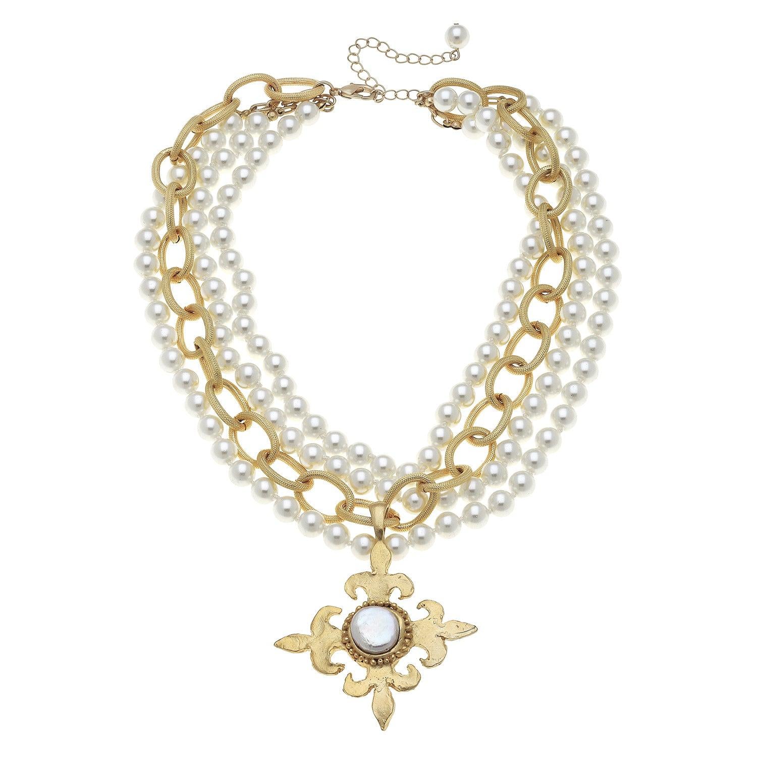 Susan Shaw 3-Strand Pearl with Handcast Gold Multi-Fleur de Lis Necklace