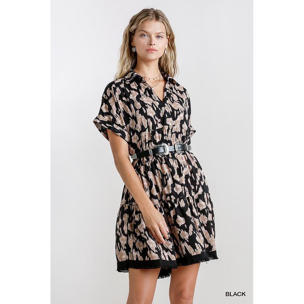 Animal Print Collared Split Neck Tiered Dress