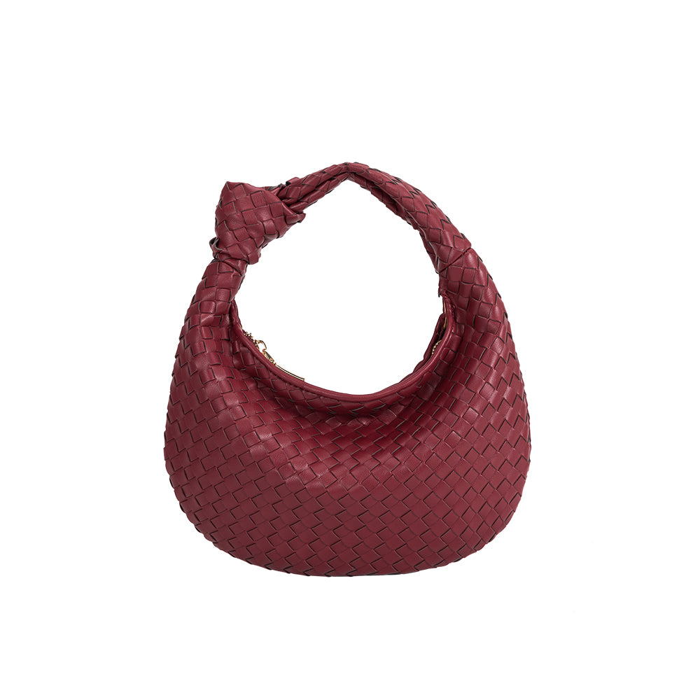 Burgundy Drew Small Vegan Leather Woven Hobo Bag | Melie Bianco