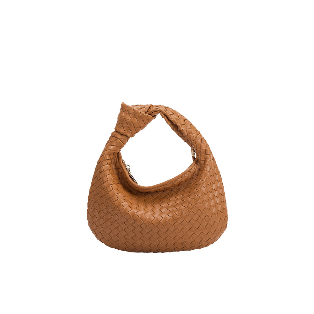 Tan Drew Small Vegan Leather Woven Hobo Bag | Melie Bianco