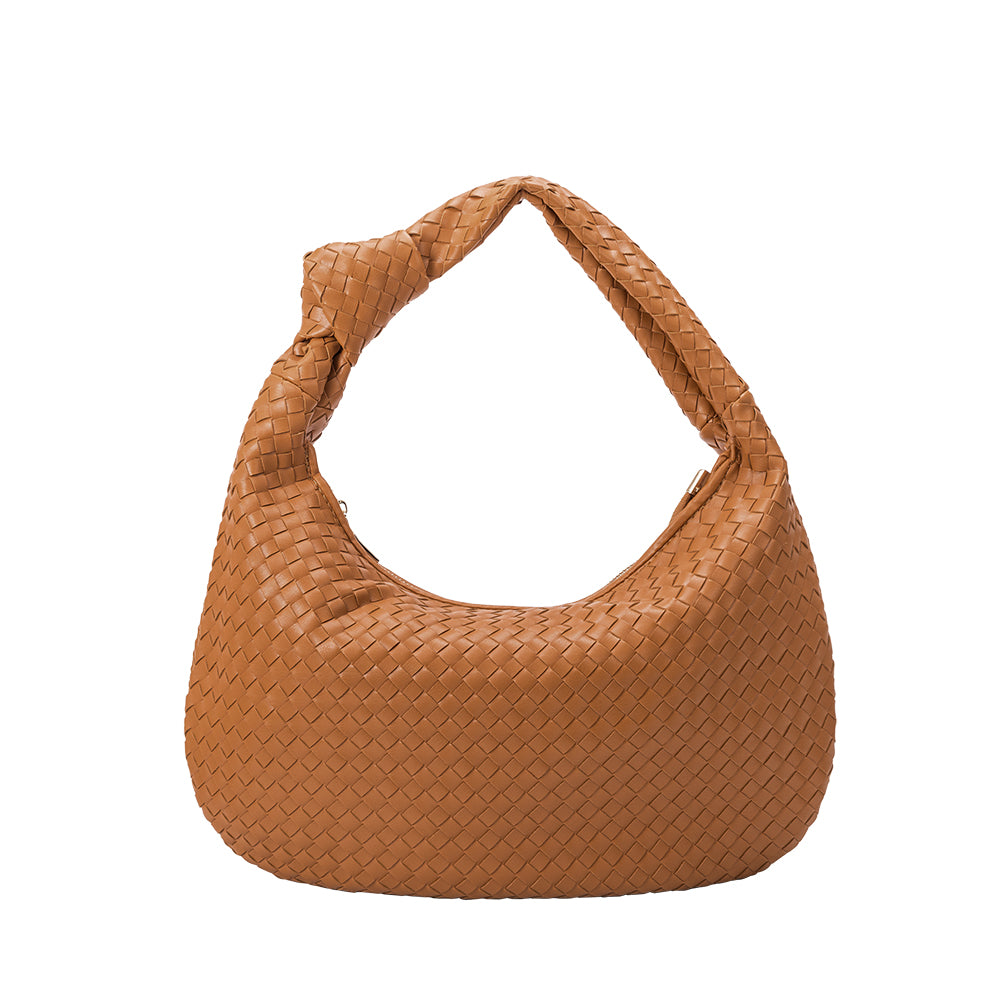 Tan Brigitte Large Vegan Leather Woven Hobo Bag | Melie Bianco