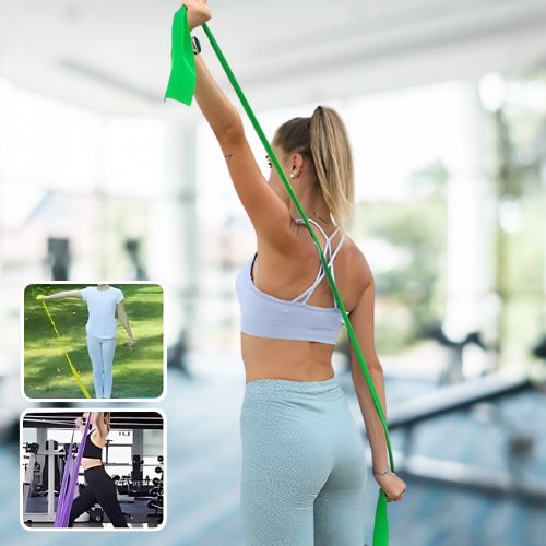 Femme debout bras levés tirant elastique musculation vert pour travailler le haut du corps avec vignettes marche avec élastique cuisse et renforcement bras en yoga