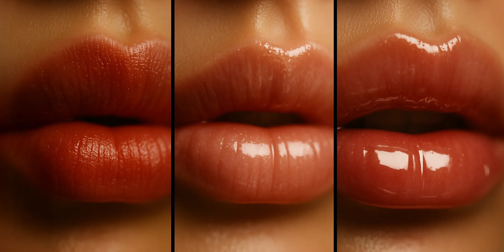 Évolution des lèvres après application d’un gloss repulpant : avant, pendant et après, montrant l’effet volumateur, lissage des ridules et brillance miroir.