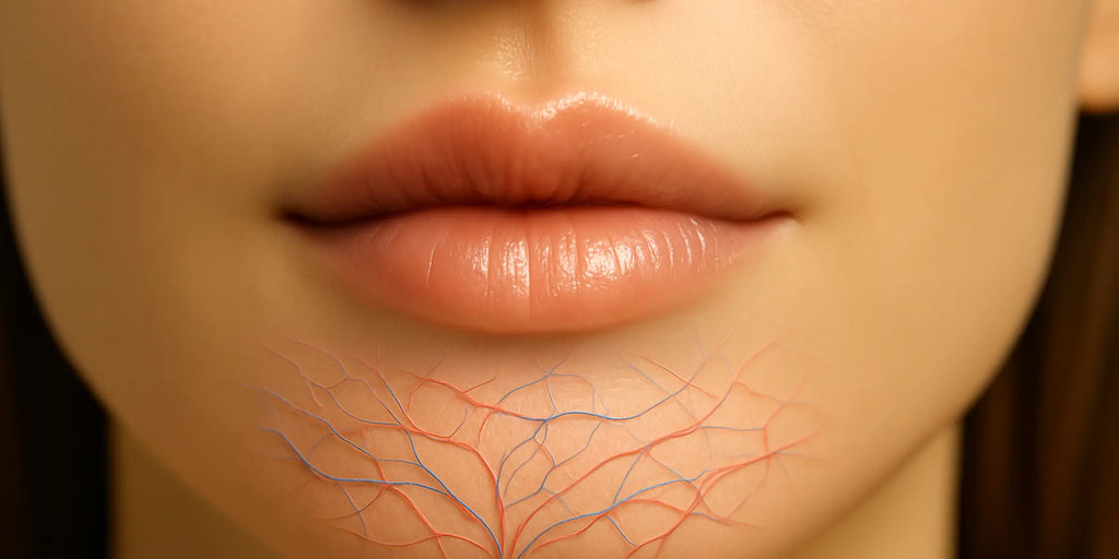 Visualisation de la microcirculation sanguine sous les lèvres après l’application d’un gloss repulpant.