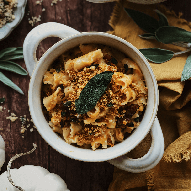 Bacon and Butternut Squash Mac-and-Cheese Topped with Fried Sage and Pork Panko