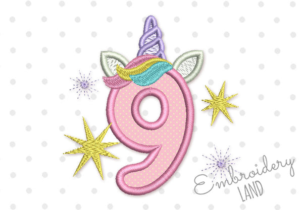 Unicorn Number 9 Applique Embroidery Design by EmbroideryLand