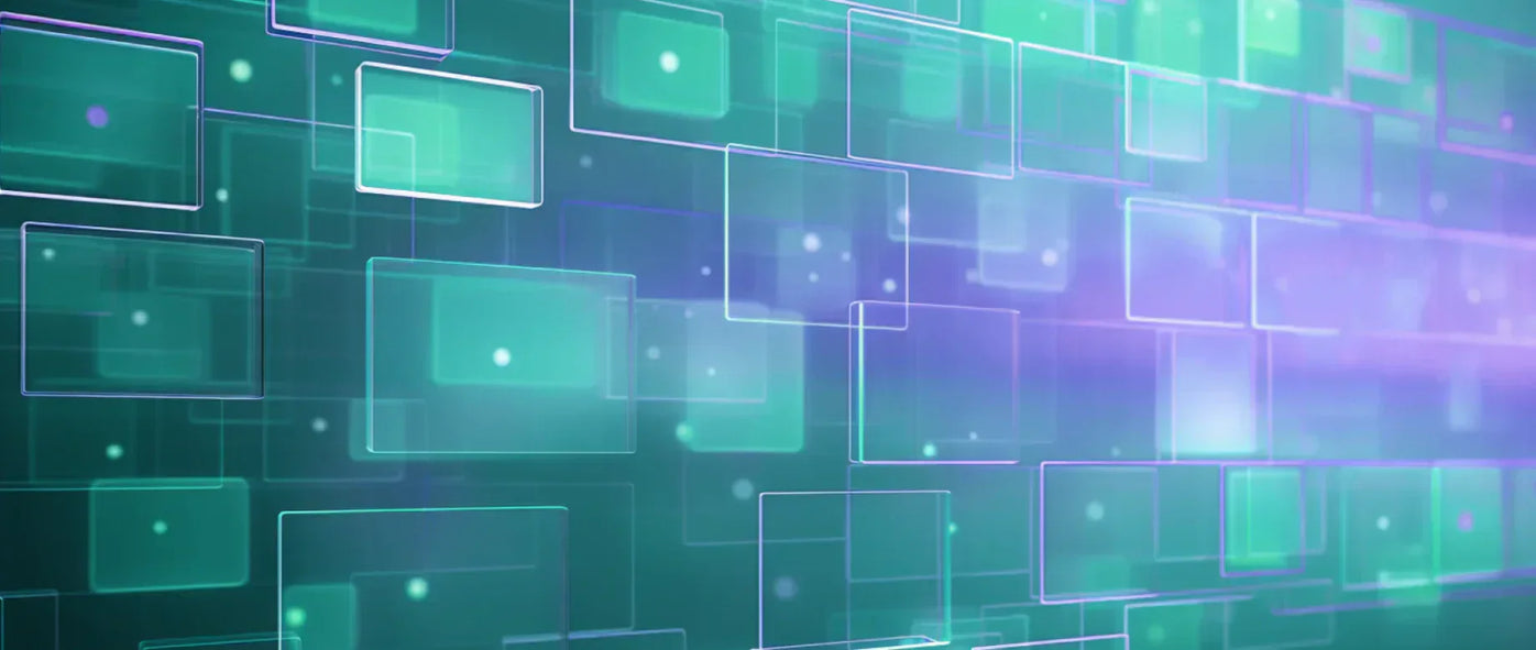 Símbolos de bases de dados nas cores aqua e roxo, representando redes de afiliados.
