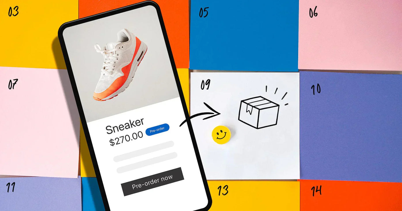 Smartphone com página de compra de ténis sobre calendário, representando pré-encomenda.
