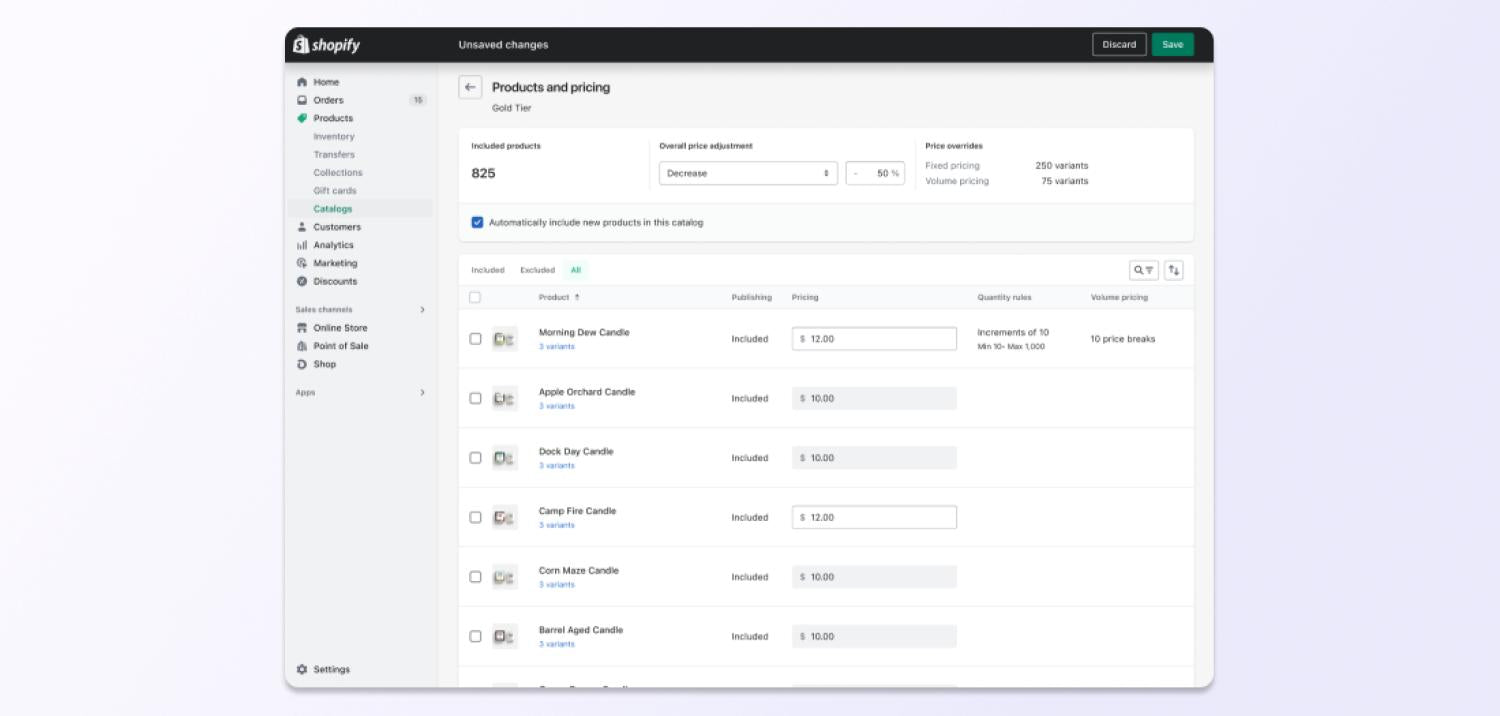 interface da Shopify a mostrar as opções de personalização de catálogo.