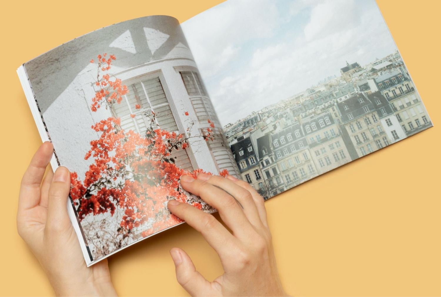 Um par de mãos segura um livro aberto com uma imagem de edifícios e flores.